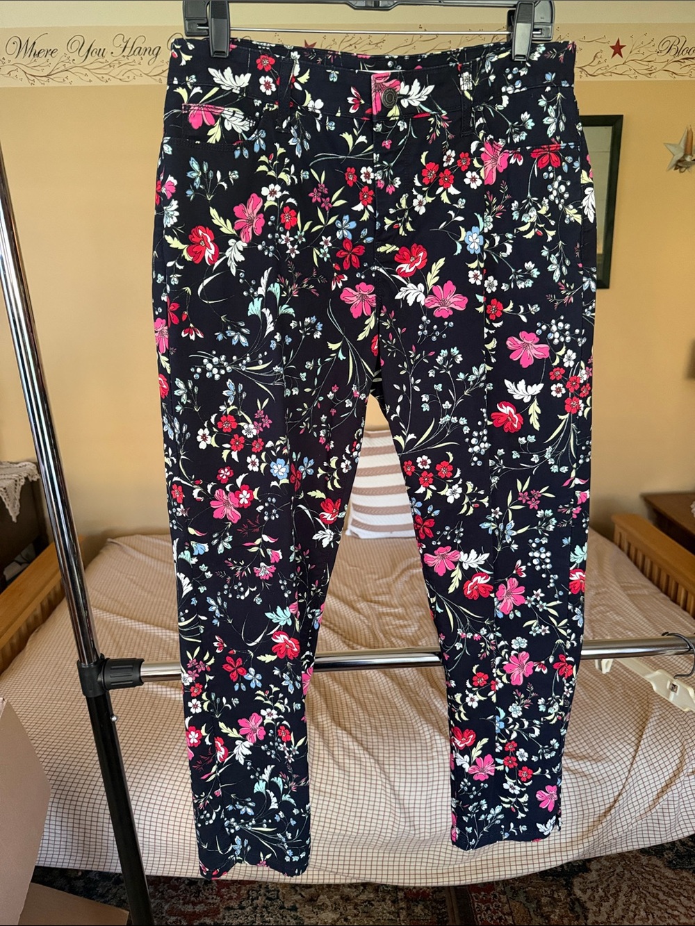 croft & barrow Black Floral Straight-Leg Pants with Pink & White Blooms